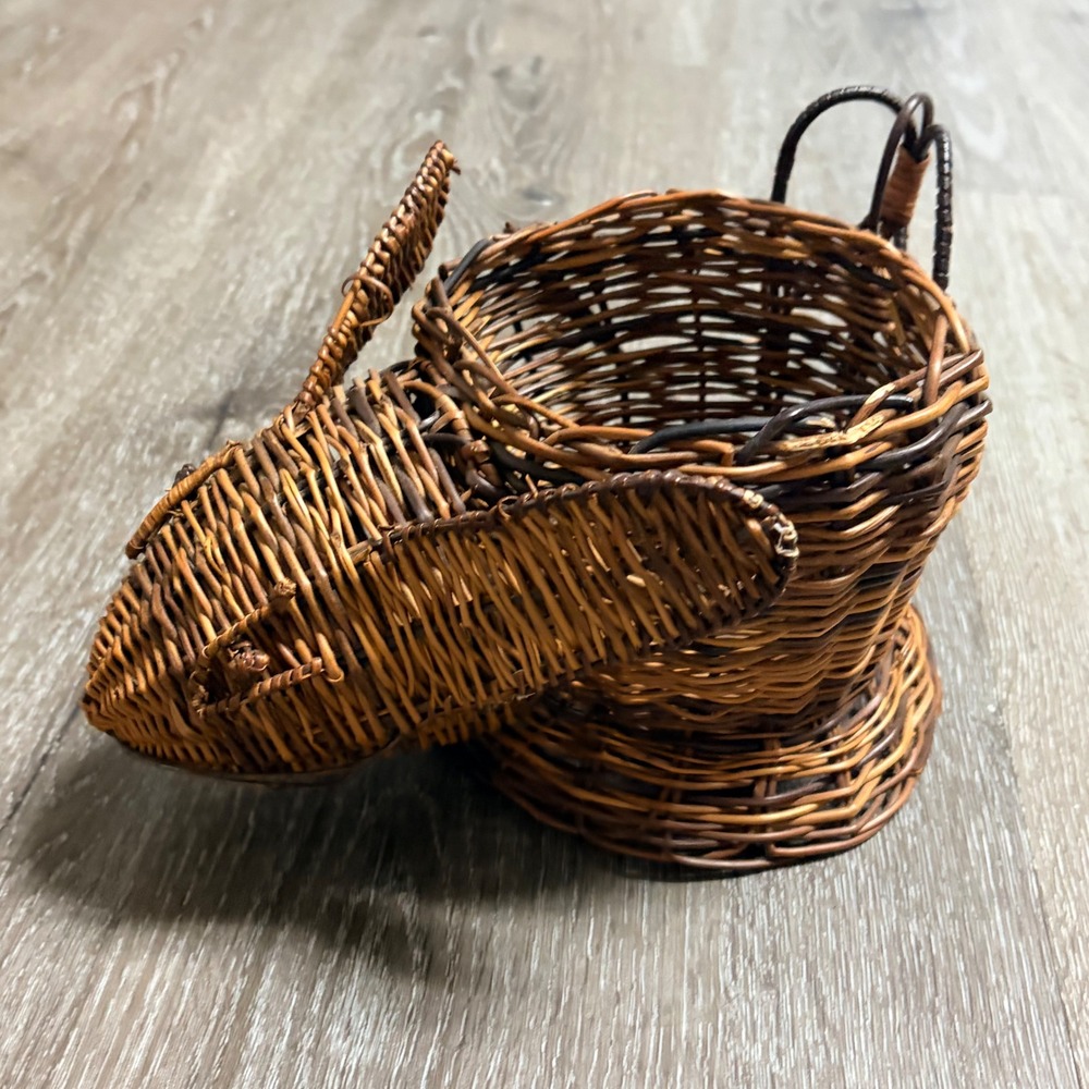 Vintage Wicker Rabbit Basket Woven Animal Planter Figurine Brown Rustic Decor - Picture 3 of 12